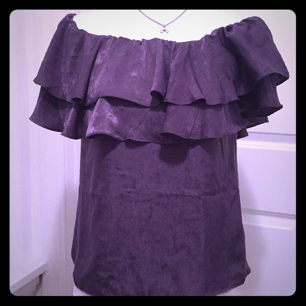 She & Sky Off Shoulder Fairy Grunge Top Purple Velvet Satin Layer Ruffles S NEW